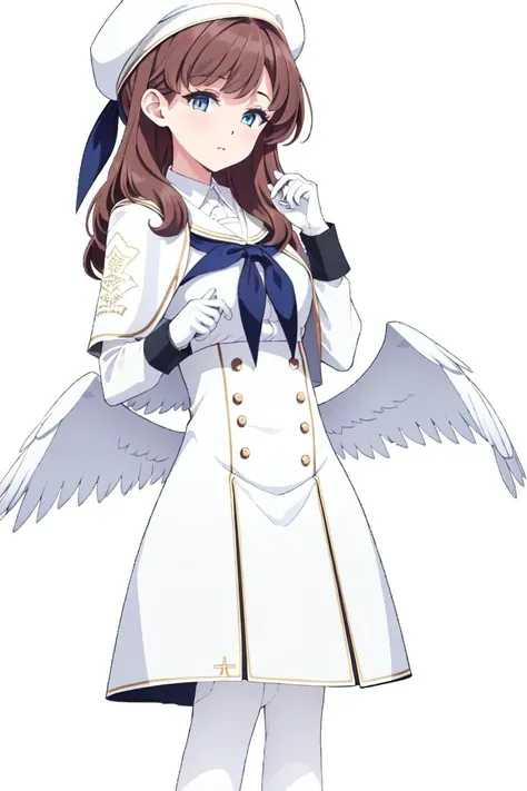 (best quality:1.5),(white pantyhose:1.5),1women,shaded face, brown hair, long hair,white hat, white beret, white sleeves, long sleeves, white gloves, white dress, capelet, white pantyhose, sailor collar, white wings, feathered wings, angel wings, low wings...