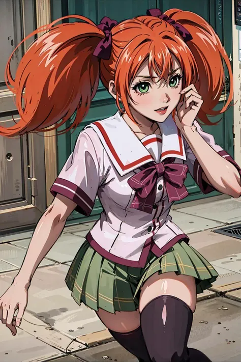 1girl, solo, kokoa shuzen (rosario + vampire), short hair, twintails, orange hair, hair ribbon, ribbon, green eyes, school unifo...