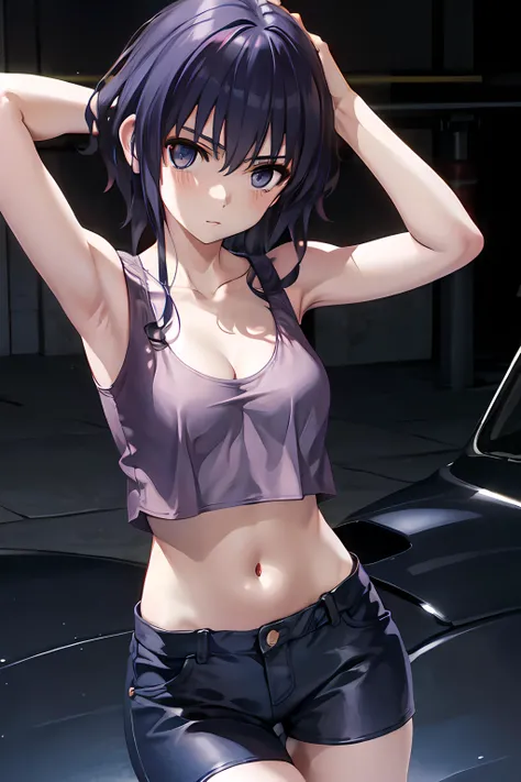 masterpiece, 1girl, detailed eyes, highly detailed eyes, grey background,  highres, tank top, loose clothes ,  panties, navel,  downblouse, medium breasts,  narrow waist, thigh gap, breasts, cleavage, bare arms, arms up, bare neck, collarbone, <lora:hyoudo...