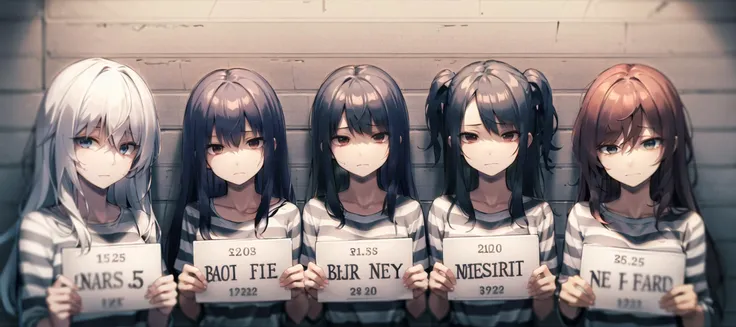 mugshot, height chart, (4girls:1.2), upper body, holding sign, looking at viewer, prison clothes, striped shirt ,<lora:mugshotLora_mugshot:0.6>,expressionless,sad