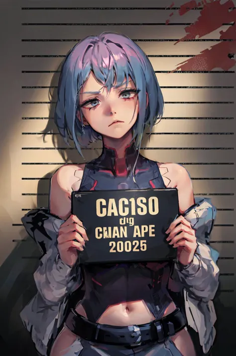 lucy (cyberpunk),1girl,solo,asymmetrical hair, belt, bodysuit, covered mouth, covered navel, detached sleeves, grey eyes, hip vent, open jacket,
<lora:lucy000035.Cnw5:0.6>,upper body,
((masterpiece, best quality)), illustration, (mugshot, height chart, hol...