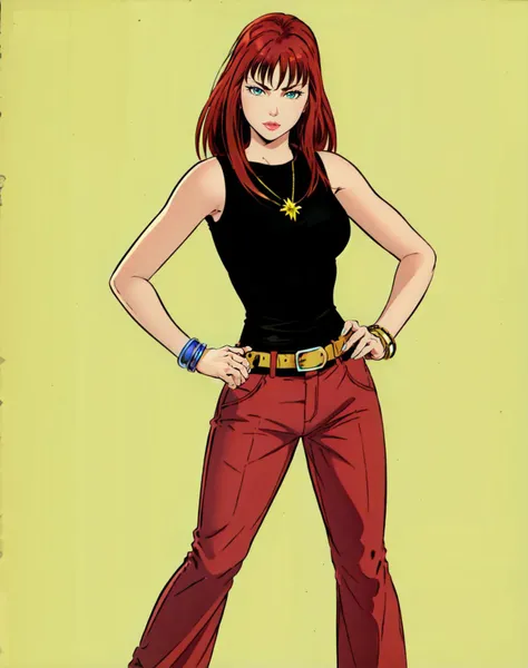 <lora:Mike_Deodato_Style-11:.8> Deodato, mary jane, 1girl, solo, long hair, green eyes, breasts, simple background, bare shoulders, sleeveless shirt, jewelry, green eyes, full body, red hair, black t-shirt, belt, pants, lips, hands on hips