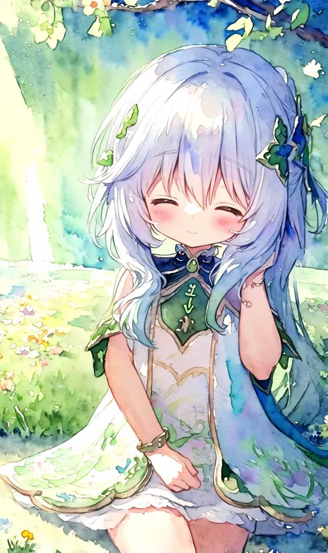 anime girl with blue hair and green dress sitting under a tree