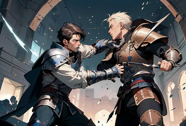 two men in armor fighting with swords in a building