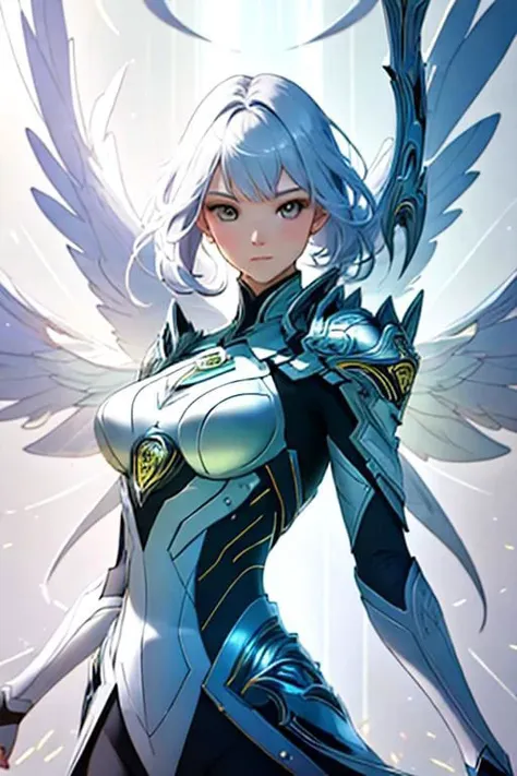 a woman with white hair and wings in a black and white outfit