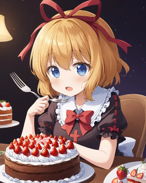 anime girl with a fork and knife in front of a cake