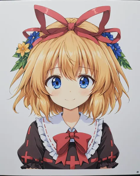 anime girl with blue eyes and a red bow on her head