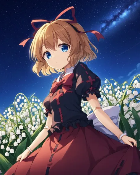 a girl in a red dress sitting on a field of flowers