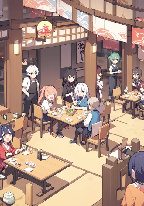 a group of people inside a japanese restaurant, <lora:wisosdxl:0.8>, wisosdxl, best quality, masterpiece, isometric scene, anime...