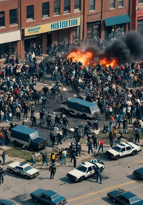 a group of people at a riot in Detroit, <lora:wisosdxl:0.8>, wisosdxl, best quality, masterpiece, isometric scene, 1980s (style), one robocop in the centre