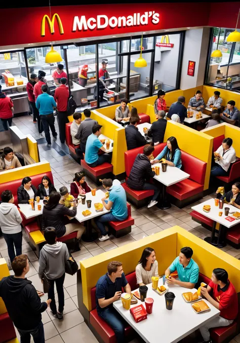 a group of people inside a mcdonald's restaurant, <lora:wisosdxl:0.8>, wisosdxl, best quality, masterpiece, isometric scene, pho...