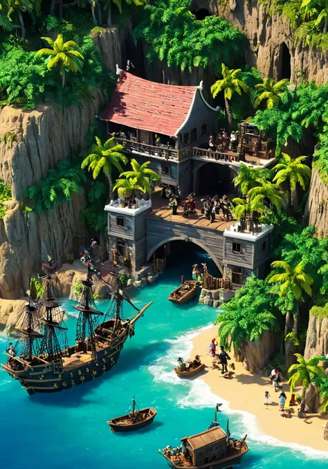 a group of people in a pirate cove, wisosdxl, best quality, masterpiece, isometric scene, <lora:wisosdxl:1>, pirates of the Caribbean,