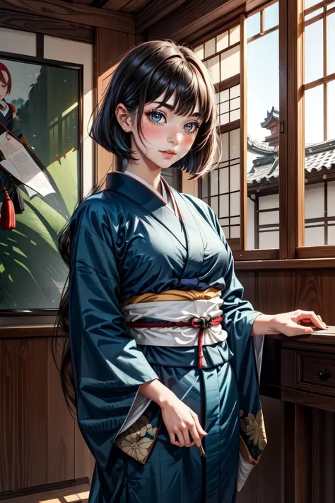 a woman in a kimono is standing in front of a window