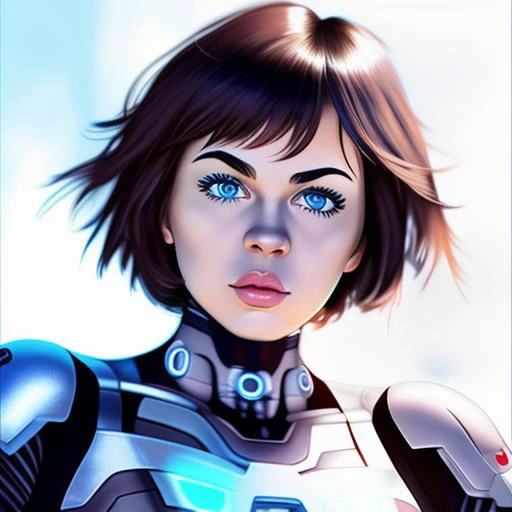 short hair, nose, simple background, short sleeves, parted lips, paw gloves, looking at viewer, glowing, blue eyes, cyborg, portrait, brown eyes, solo