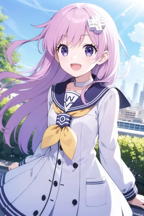 solo, 1girl, cowboy shot, sunlight, smile, open mouth, <lora:nepgear_v2-000008:1>, nepgear, d-pad hair ornament, white choker, sailor dress, sailor collar, yellow neckerchief