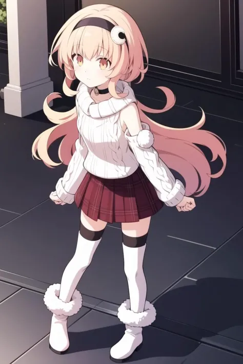 solo, 1girl, full body, standing, <lora:compa_v2-000009:1>, compa, hairband, choker, white sweater, aran sweater, cable knit, detached sleeves, plaid skirt, pleated skirt, red skirt, black thighhighs, white footwear, boots