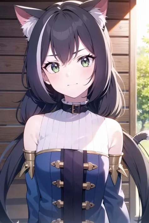 a close up of a person with a cat ears and a dress