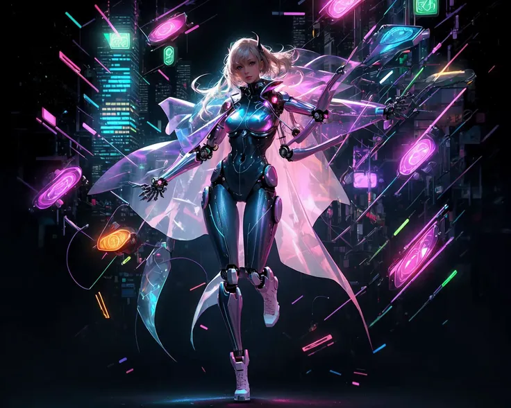 laser,full body photo of 1lady, robotic body parts, transparent cape floating in the wind, (dynamic pose:1.4), Two tone lighting, cyberpunk, skyscrapers, neon bokeh, future city <lora:LASER-V1:0.8>