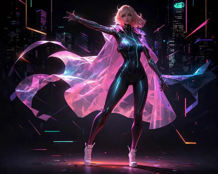 laser,full body photo of 1lady, [:robotic body parts:0.6], transparent cape floating in the wind, (dynamic pose:1.4), Two tone lighting, cyberpunk, skyscrapers, neon bokeh, future city <lora:LASER-V1:0.75>