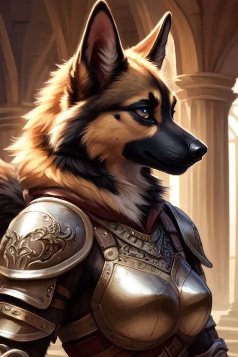 (German Shepherd:1.2), (fluffy:1.2), (anthro:1.2), (furry:1.2), female, (armor:1.2), (medieval armor:1.2), (tail:1.2), (detailed eyes:1.3), (pupils:1.2), (detailed face:1.4), (detailed photo:1.4), (detailed fur:1.2), (clear face:1.2), (high quality:1.4), (...