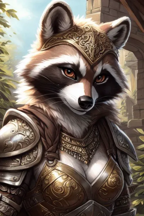 (racoon:1.4), (fluffy:1.2), (anthro:1.2), (furry:1.2), female, (armor:1.2), (medieval armor:1.2), (tail:1.2), (detailed eyes:1.3), (pupils:1.2), (correct hands:1.2), (five fingers:1.2), good hands, best hands, (claws:1.1), (detailed face:1.4), (detailed ph...