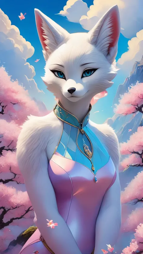 james jean, floating white fox figure made of sakura cherry blossom leaf, smoke, in the sky, colorful and vibrant, mystical colors, contemporary impressionism, yanjun cheng portrait painting, iridescent painting, 3/4 perspective view, cute face, low angle,...