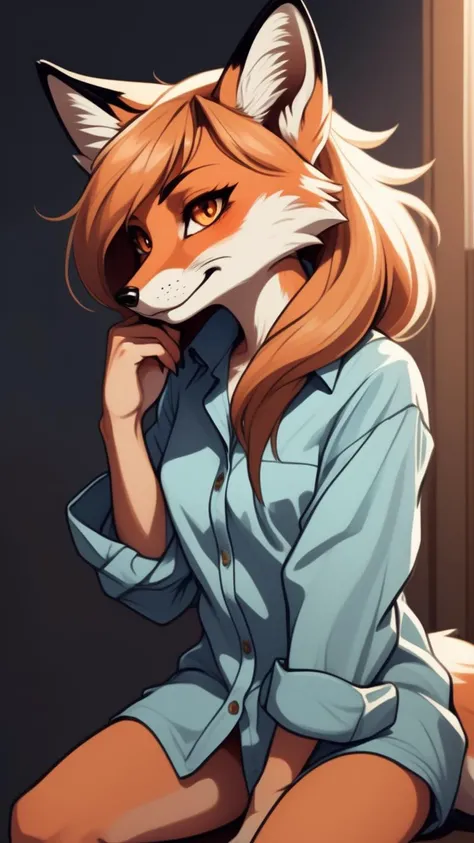 a female fox furry, seductive look, indoor, in oversized button up shirt, anime style, thick outline