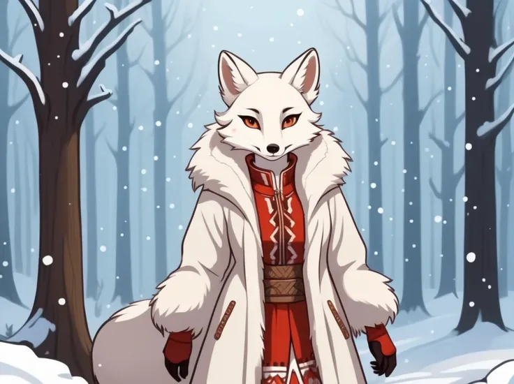 a furry female white fox, wearing thick pelt coat, in a snowy forest, germanic tribal style, anime style, thick cartoon outline