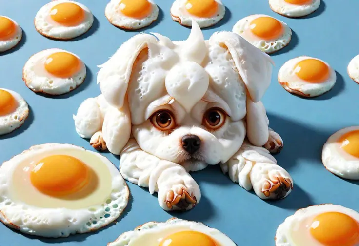 arafed dog laying on a table with eggs and eggs on it