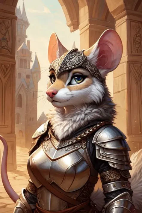 (mouse:1.2), (fluffy:1.2), (anthro:1.2), (furry:1.2), female, (armor:1.2), (medieval armor:1.2), (tail:1.2), (detailed eyes:1.3), (pupils:1.2), (detailed face:1.4), (detailed photo:1.4), (detailed fur:1.2), (clear face:1.2), (high quality:1.4), (beautiful ...