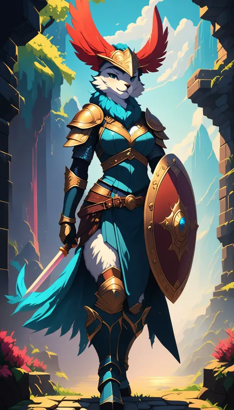 Pixel art of a fierce female warrior with a sword and shield in a fantasy setting, featuring vibrant colors, dynamic lighting, and a dramatic, epic mood