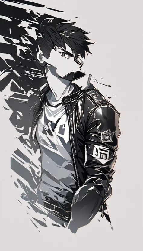 1boy, black hair, white background, short cut hair, leather jacket, tshirt, upper body, detailed shape, detailed line, art of fighting attitude, color manga style