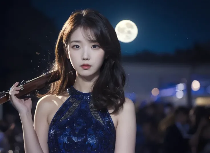 (moon in the sky:1.2), cowboy shot, (holding a shotgun:1.3), (moonlight), dark theme, (midnight), at night, 4k, RAW photo, upperbody, best quality, ultra high res, extremely detailed, realistic, photo-realistic, (pretty face), a pretty korean girl wearing ...