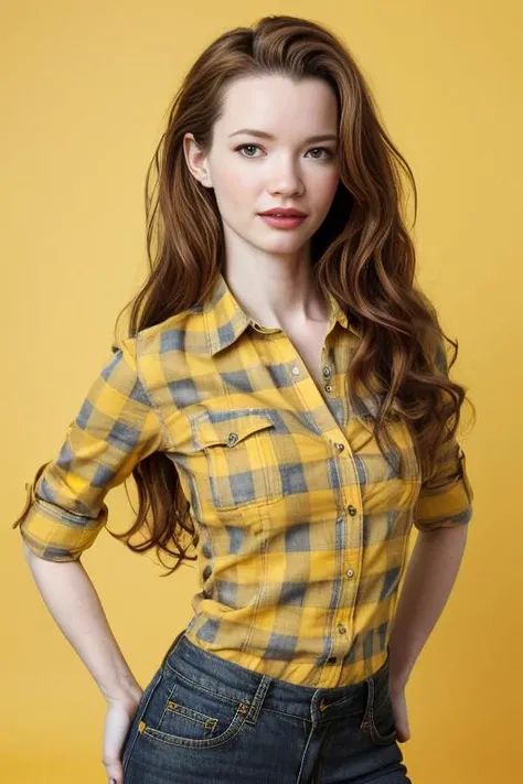 HD photo of beautiful mshn_talulahriley wearing a checkered shirt, yellow background, photostudio