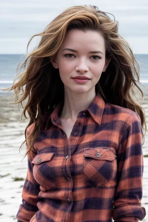 HD photo of beautiful mshn_talulahriley in a flannel shirt at the beach, closeup,