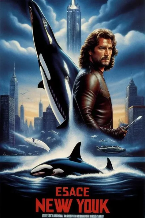 best quality, masterpiece, realistic, detailed, 80s movie poster, escape from new york, free willy, killer whale