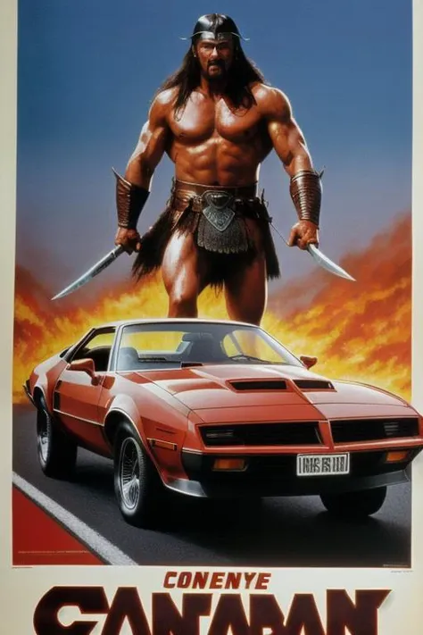 best quality, masterpiece, realistic, detailed, 80s movie poster, (conan the barbarian), knight rider, trans am car