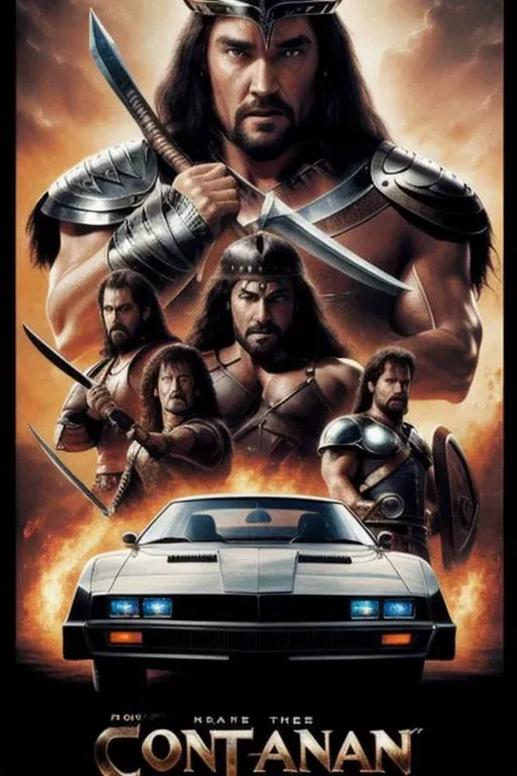 best quality, masterpiece, realistic, detailed, 80s movie poster, (conan the barbarian), knight rider, trans am car