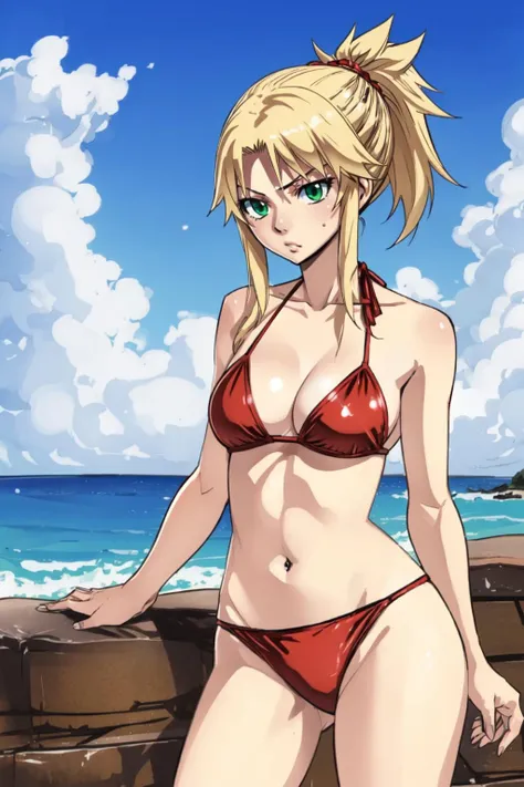 <lyco:HiroMashima:1.0>, cowboy shot, volumetric lighting, <lora:Mordred:0.8>, mordred (fate), green eyes, blonde hair, ponytail, red bikini, mature female