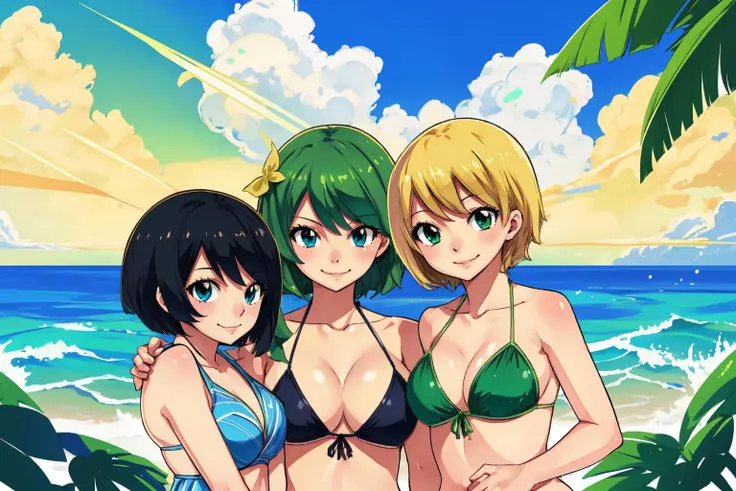 3girls, black hair, blonde hair, green hair, blue eyes, green eyes, brown eyes, short hair, long hair, bikini, beach background, volumetric lighting, light particles, cute, smiling, <lyco:HiroMashimaStylev2:1>