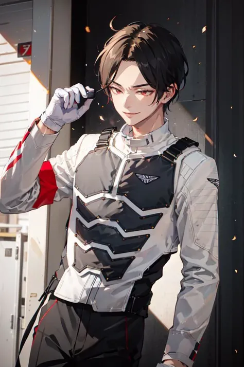 cowboy shot,   <lora:FenixUniform:0.75> fenix uniform,, ultra detailed, masterpiece, best quality, aesthetic, detailed,, solo, smug smile, 1boy, red eyes, <lora:Tsurime3:0.7>, (tsurime:1.2), black hair, undercut, top knot, parted bangs, long bangs, bangs, ...