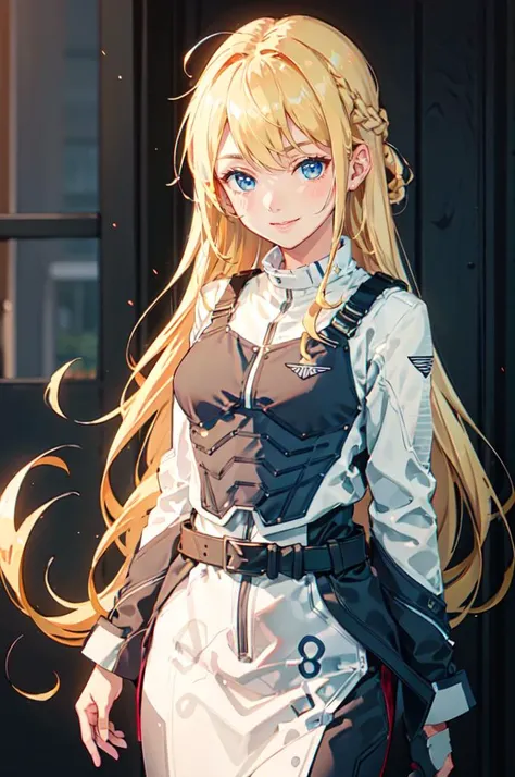 cowboy shot,   <lora:FenixUniform:0.75> fenix uniform,, ultra detailed, masterpiece, best quality, aesthetic, detailed,, solo, soft smile, light smile,
1girl, blue eyes, very long hair, blonde hair, long blonde hair, french braid, bangs, medium breasts,