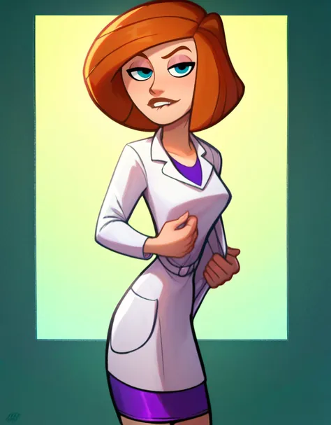 a cartoon woman in a white coat and purple skirt