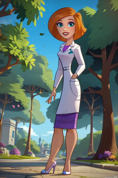 a cartoon woman in a white coat and purple skirt standing on a sidewalk