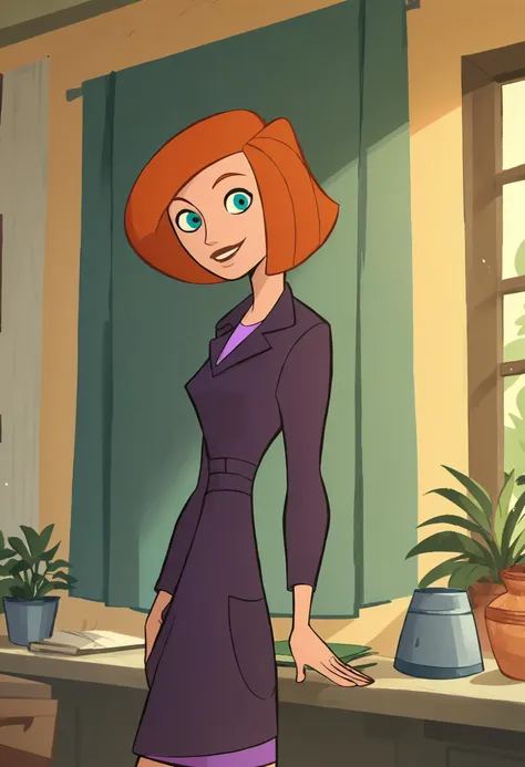 a cartoon woman in a purple dress standing in front of a window