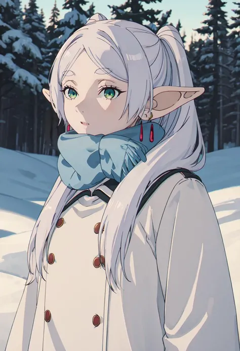 best quality, masterpiece, highres, solo, (frieren_sousounofrieren:1.10), 1girl, blue scarf, elf, jewelry, upper body, closed mouth, outdoors, white coat, winter clothes, anime_style, 23 <lora:frieren_sousounofrieren:0.80>