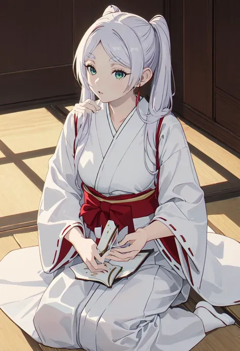 best quality, masterpiece, highres, solo, (frieren_sousounofrieren:1.10), (white kimono:1.35), (red hakama:1.35), (wide sleeves:1.20), anime_style, 43 <lora:frieren_sousounofrieren:0.80>