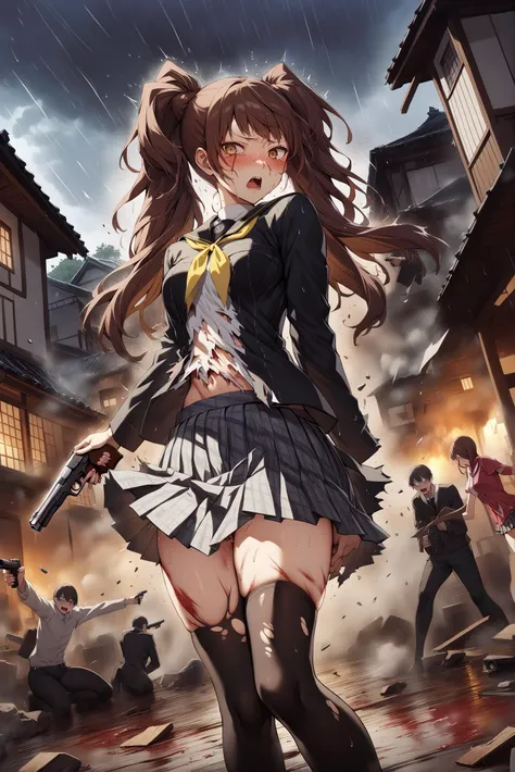 1girl, dsrise from persona, covered in a lot of blood, shooting a pistol at the camera, expression of pain, middle of a Japanese town, injury, hate, stormy, rain, lightning, illustrious japanese town, standing, torn clothes, ripped clothes, hurt, injury, s...