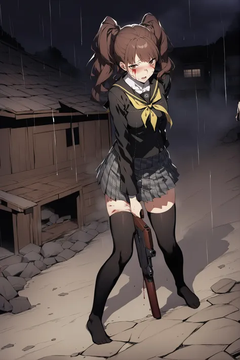 1girl, dsrise from persona, covered in a lot of blood shooting a pistol at the camera, expression of pain, middle of a Japanese village, injury, hate, stormy, rain, lightning, illustrious japanese town, standing, torn clothes, hurt, injury, struggle, full ...