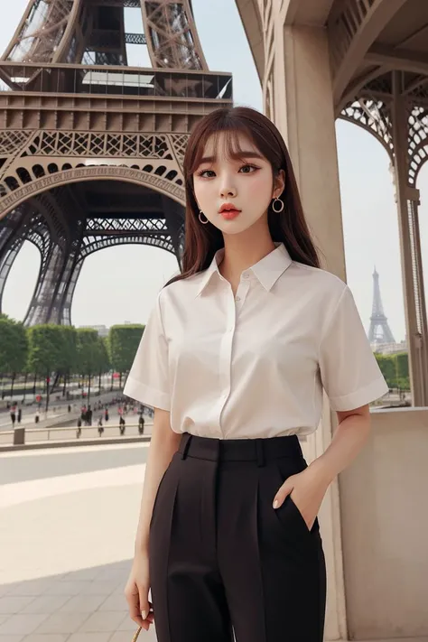 <lora:chayoo_jin_obj20:0.5 >, full_body, standing, sandals, (shirt), pants, (eiffel tower), (chayoo_jin: 1.2), perfect face, (contact iris: 1.1), pale skin, skin pores , depth of field